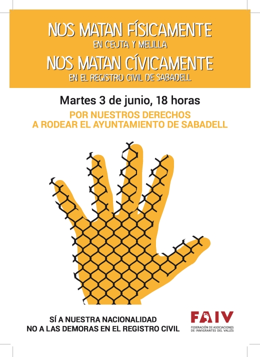 Concentració reivindicativa dels col·lectius d'immigrants a l'Ajuntament de Sabadell: 3-6-14, 18h.